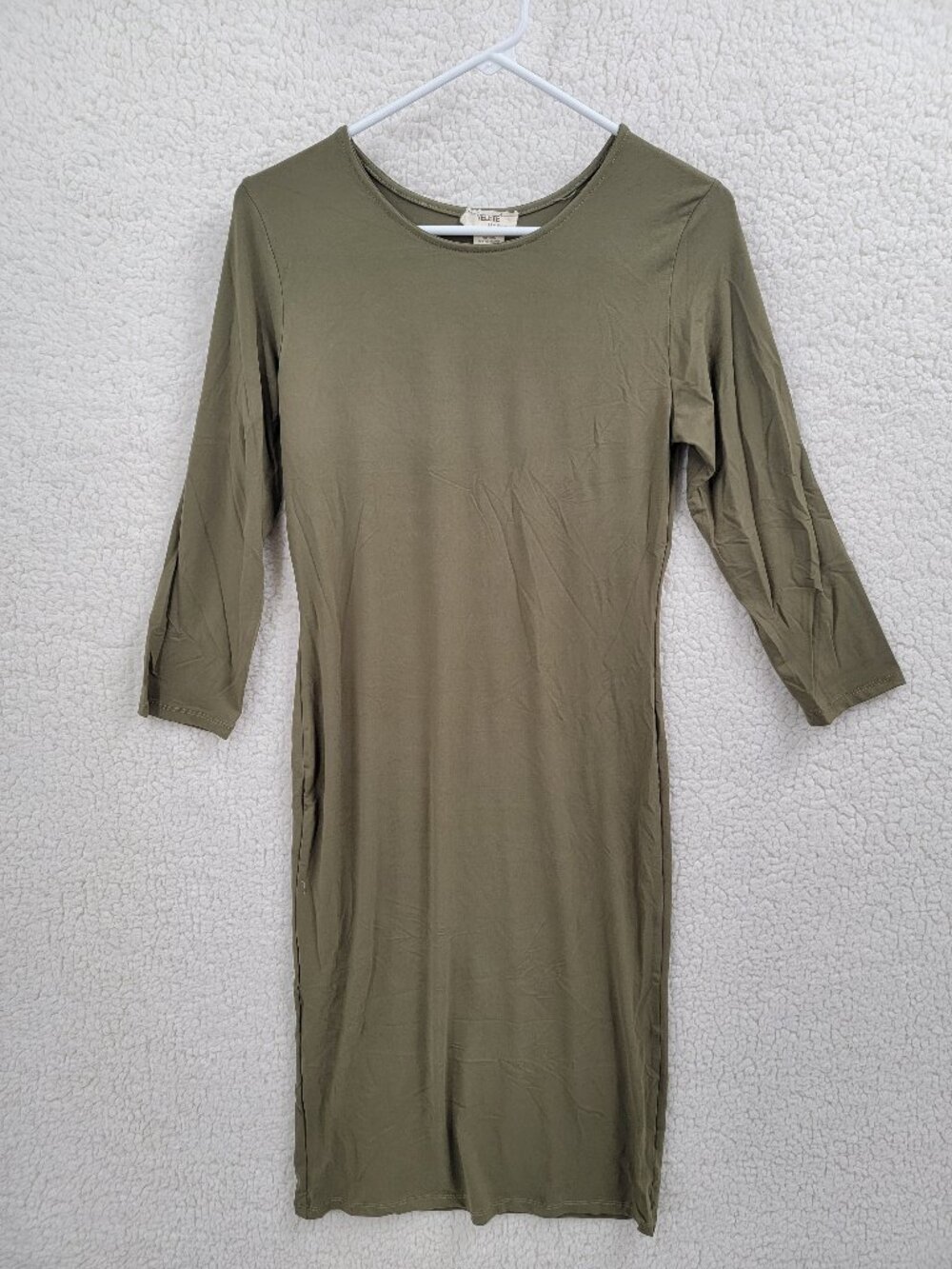 Yelete Olive Green Crew Neck 3/4 Sleeve Midi Bodycon Dress Size Large